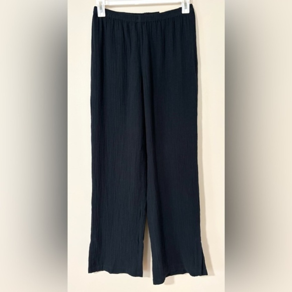 Black Elastic-Waist Cotton Wide-Leg Pants - Women Small Tall